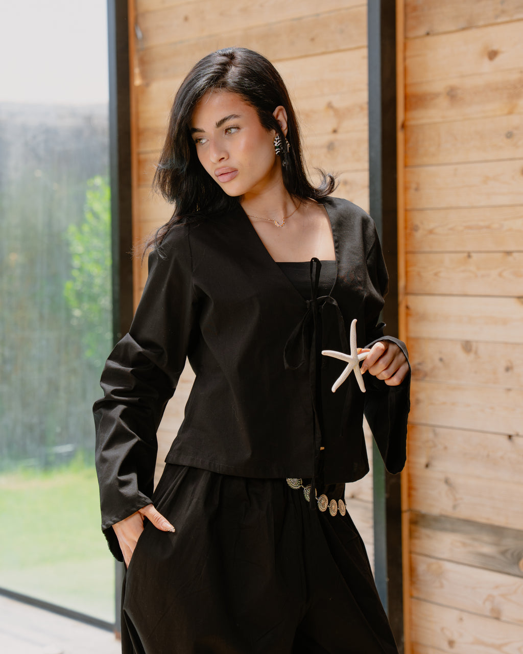 Poplin Set (Balloon Pants + Cardigan) in Black