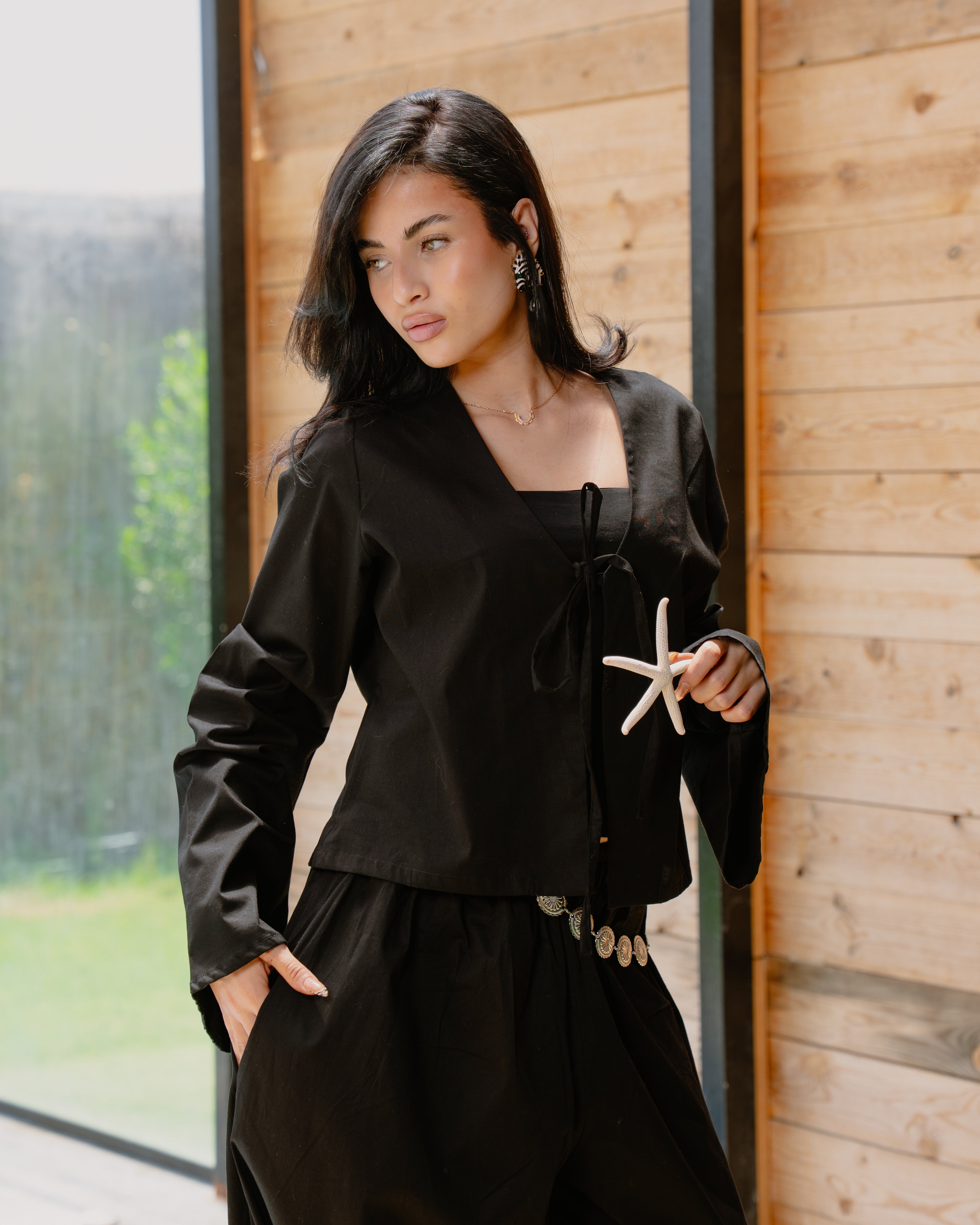 Poplin Set (Balloon Pants + Cardigan) in Black