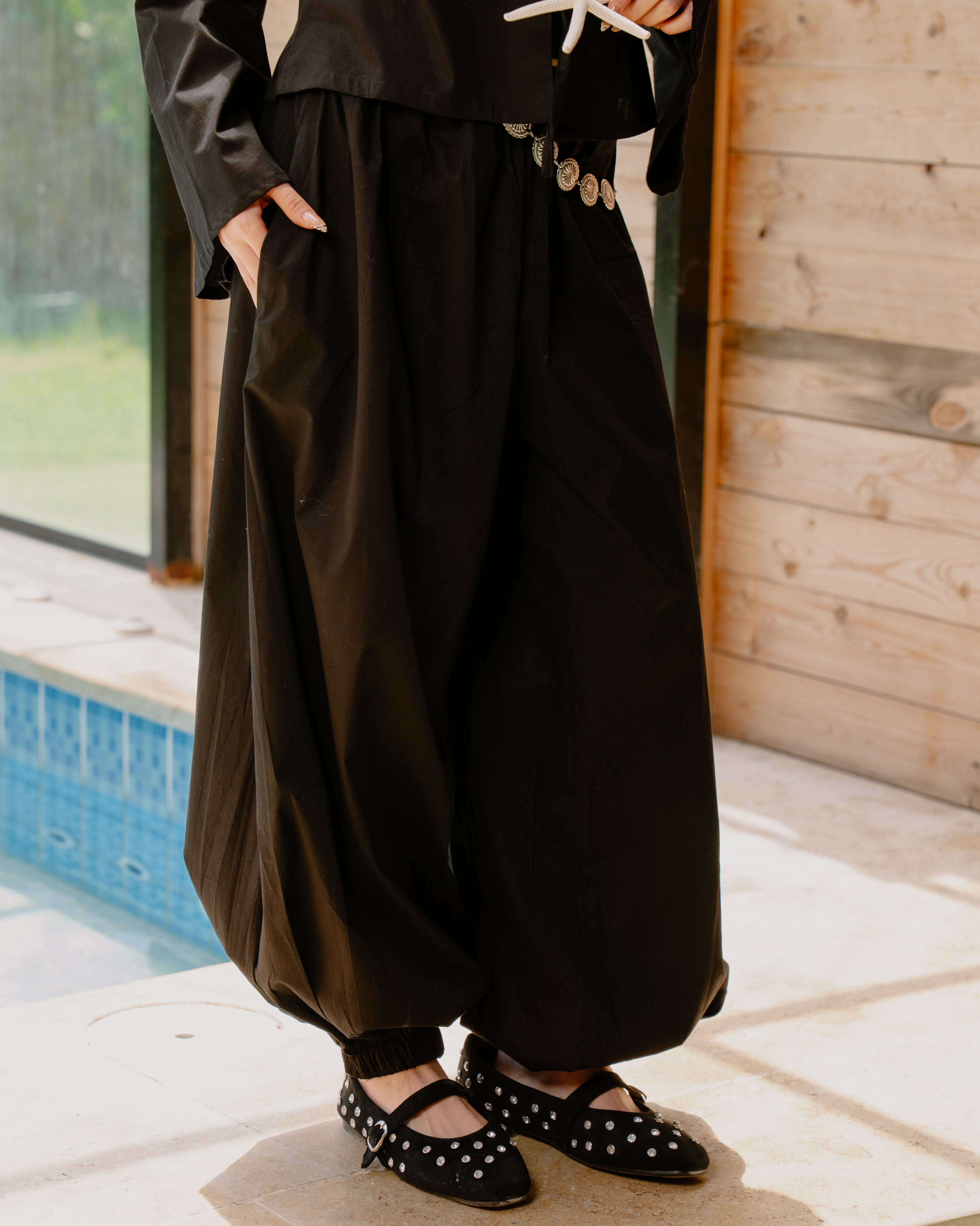 Poplin Set (Balloon Pants + Cardigan) in Black