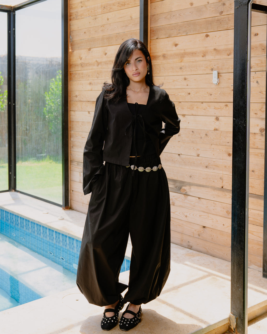 Poplin Set (Balloon Pants + Cardigan) in Black