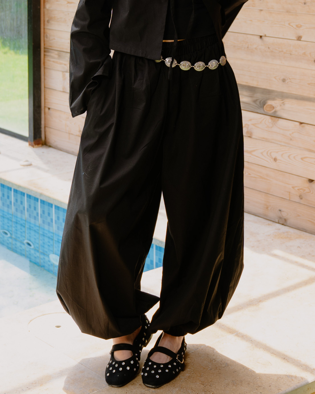 Poplin Set (Balloon Pants + Cardigan) in Black
