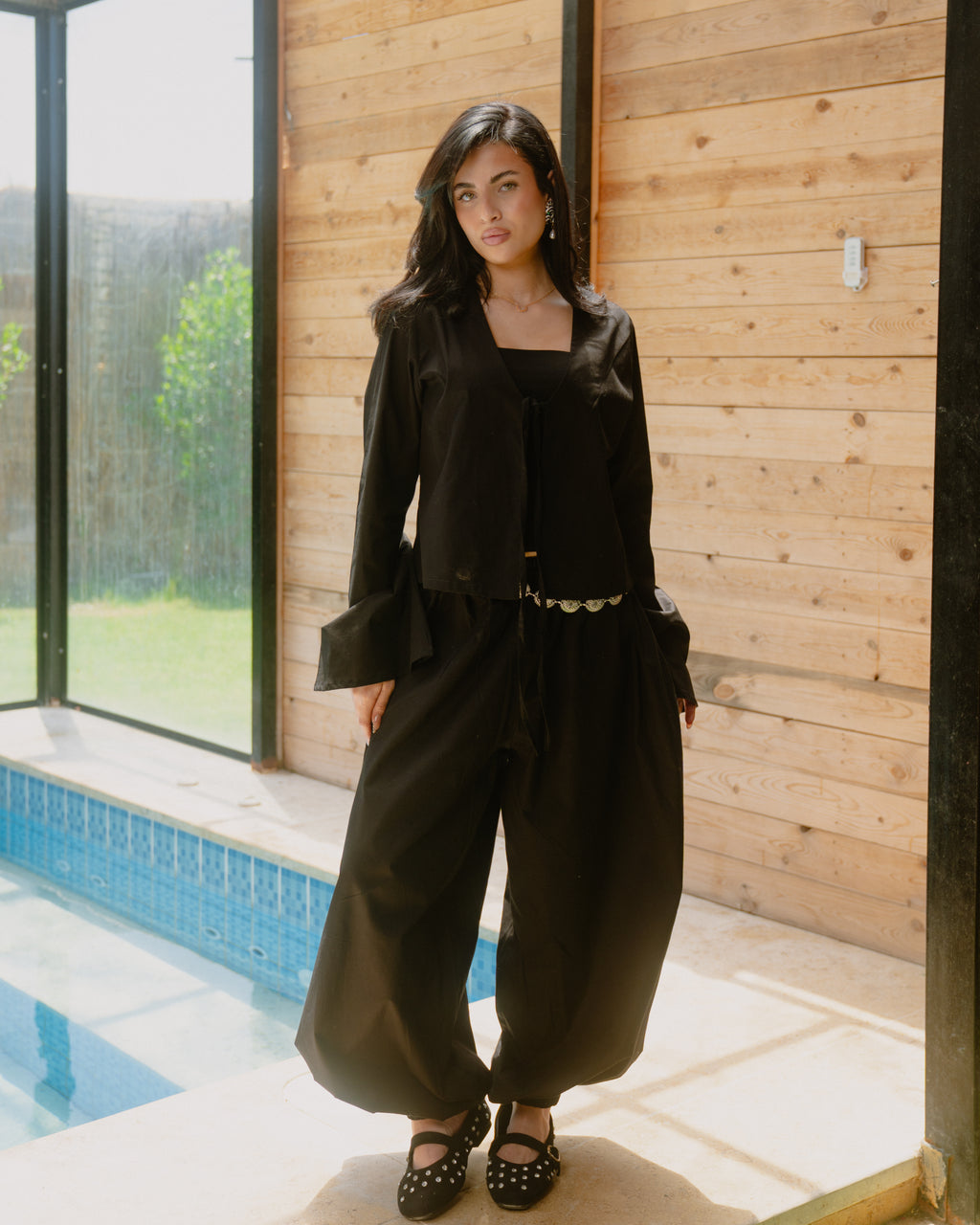 Poplin Set (Balloon Pants + Cardigan) in Black