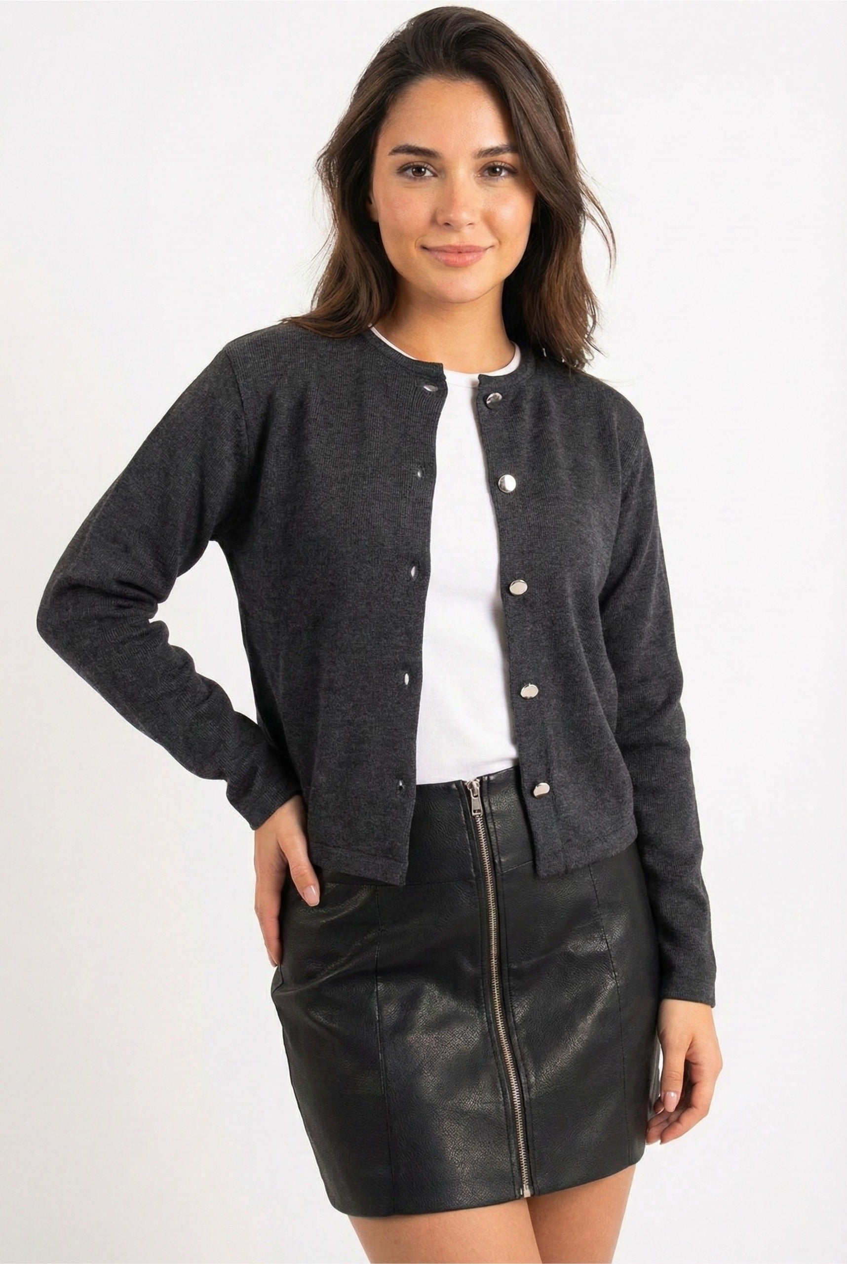 Flow – Short Cardigan Dark Gray with Silver Buttons